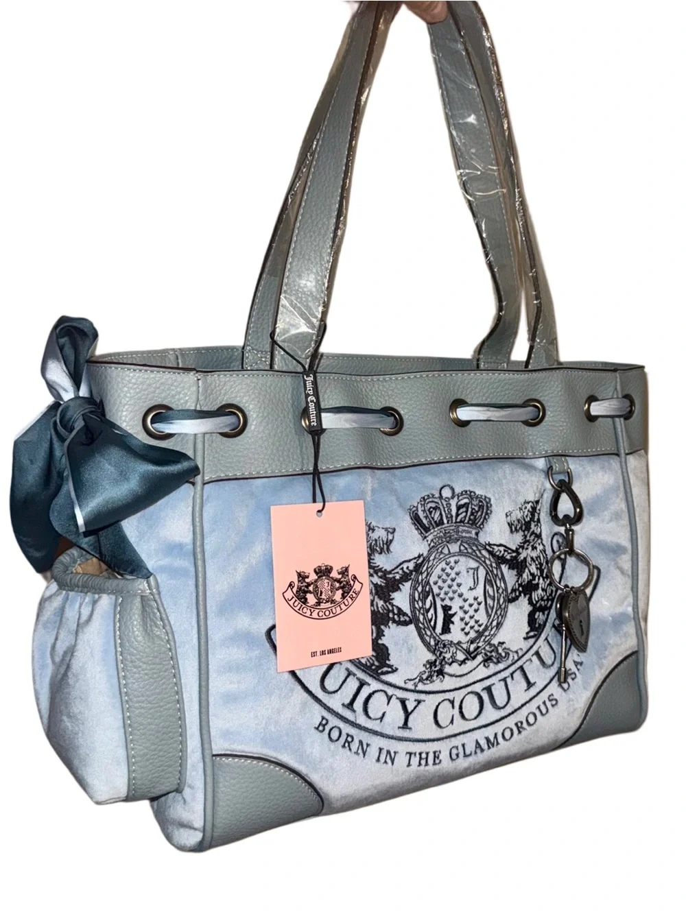 Juicy Couture Daydreamer Shopper Tote Bag in Dusk Blue Velour & Faux Leather